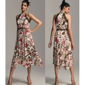 Anthropologie Dress Womens 8 Multicolor Floral Halter Lace Midi Fit Flare Summer